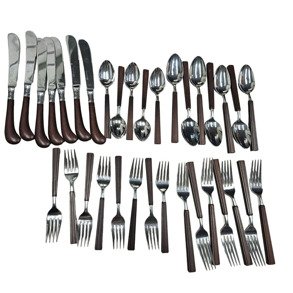 Vintage EKCO ETERNA Rare Shape‎ Brown Faux Wood Handle Flatware Forks 34 Pieces